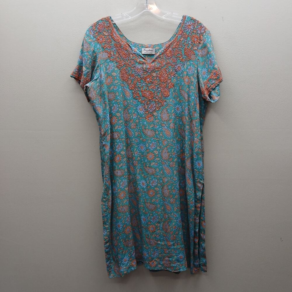 Kanchan Silk?? Floral Short Sleeve Embroidered Kaftan Teal Blue Brown Medium